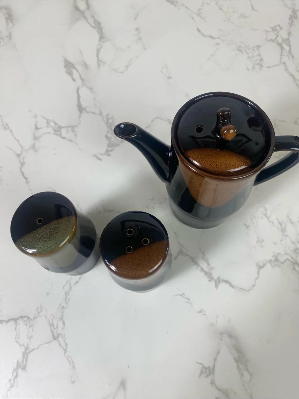 Vintage Japanese 70s Soy Sauce Pitcher and Salt and Pepper Shaker brown Glaze